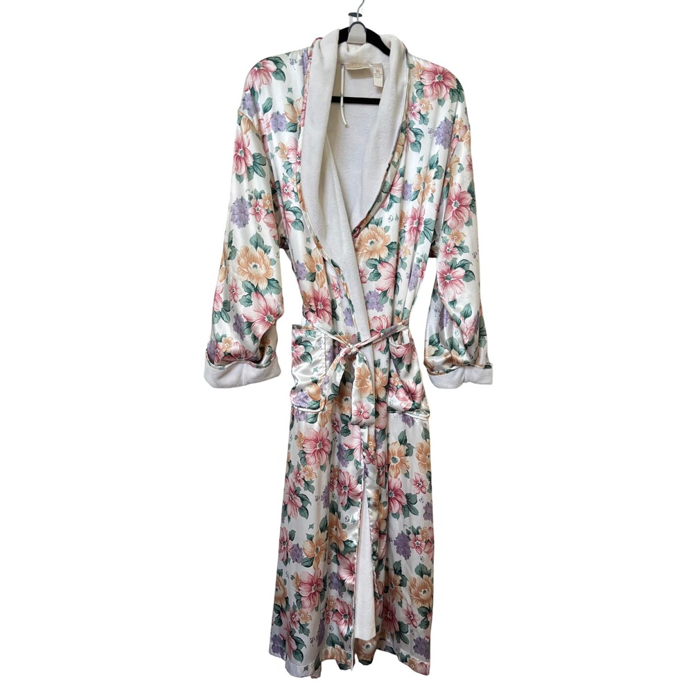 90s Silk & Satin Womens Floral Terry Lined Wrap Robe Long Pink Peach Cream M/L